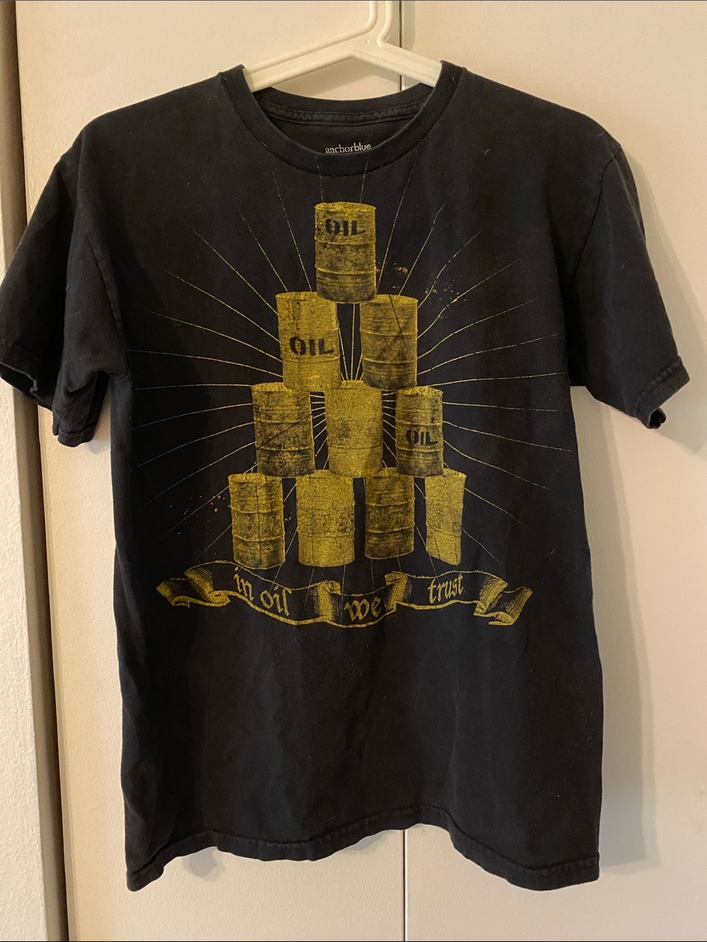 anchor blue Black Short-Sleeve Tee with Yellow Oil Drum Graphic